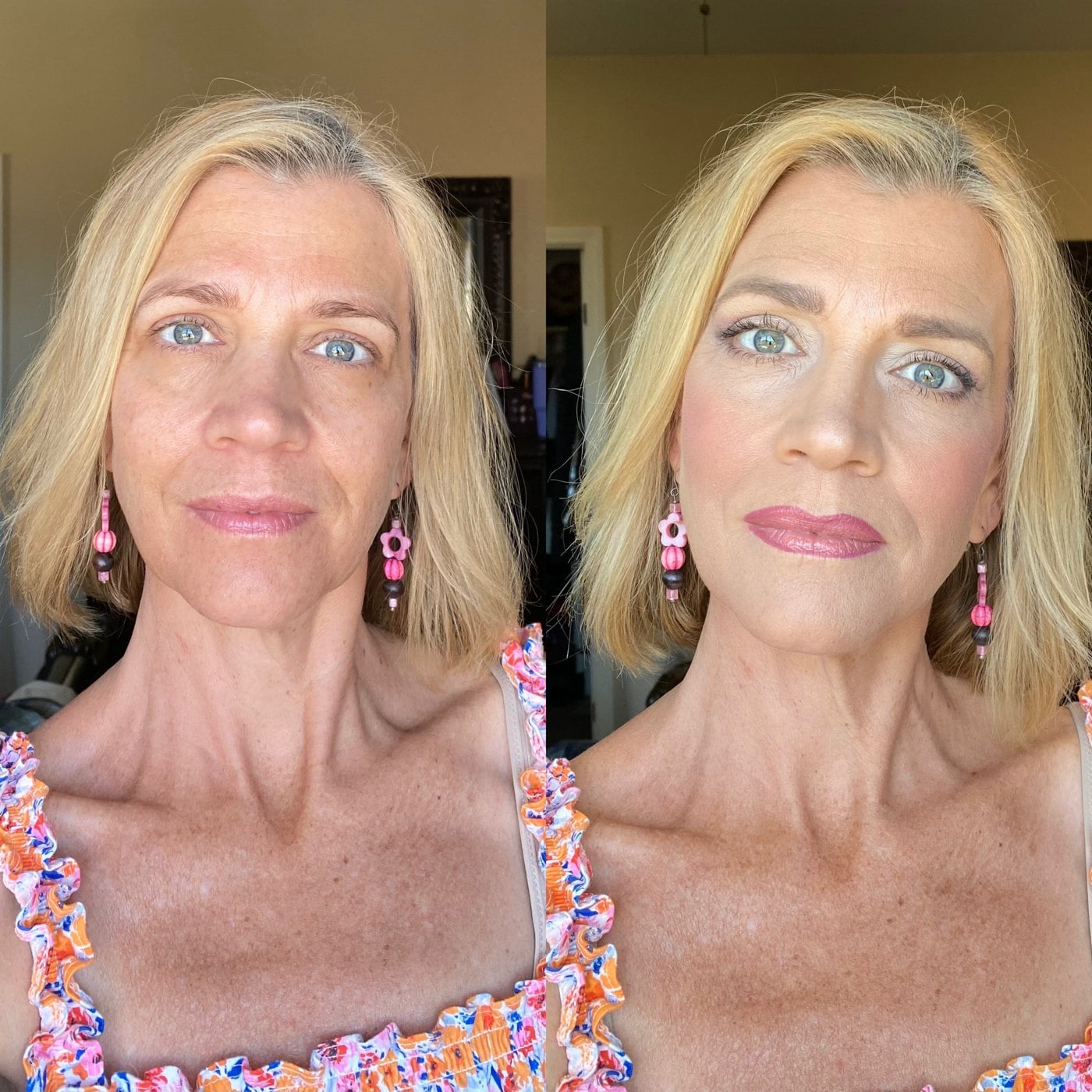 natural-facelift-ba-a Woman with a blonde bob and pink earrings, bare-faced on the left and with soft, natural makeup on the right