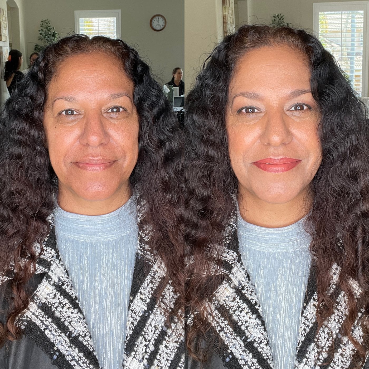 natural-facelift-ba-c Woman with long curly dark hair, before and after makeup with a soft red lip