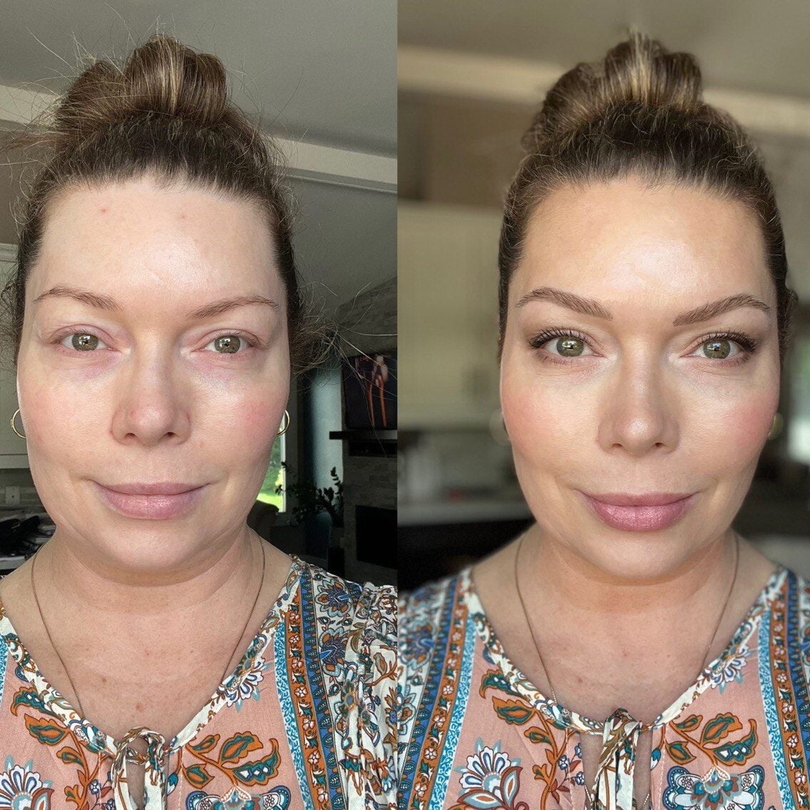 natural-facelift-ba-d Woman with her hair in a top bun, bare-faced on the left and with soft, natural makeup on the right