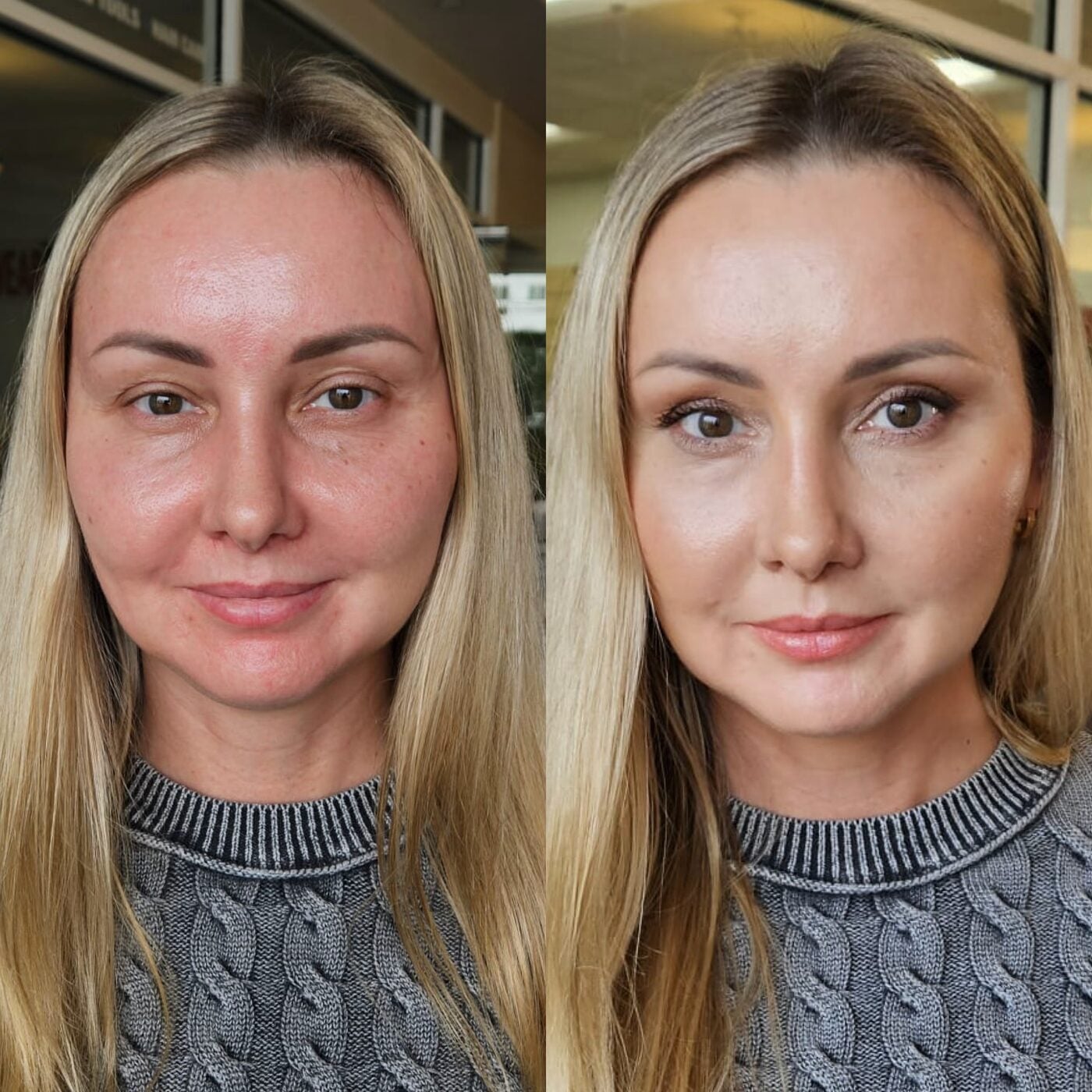 natural-facelift-ba-e Woman with long straight blonde hair, before and after a natural makeup application