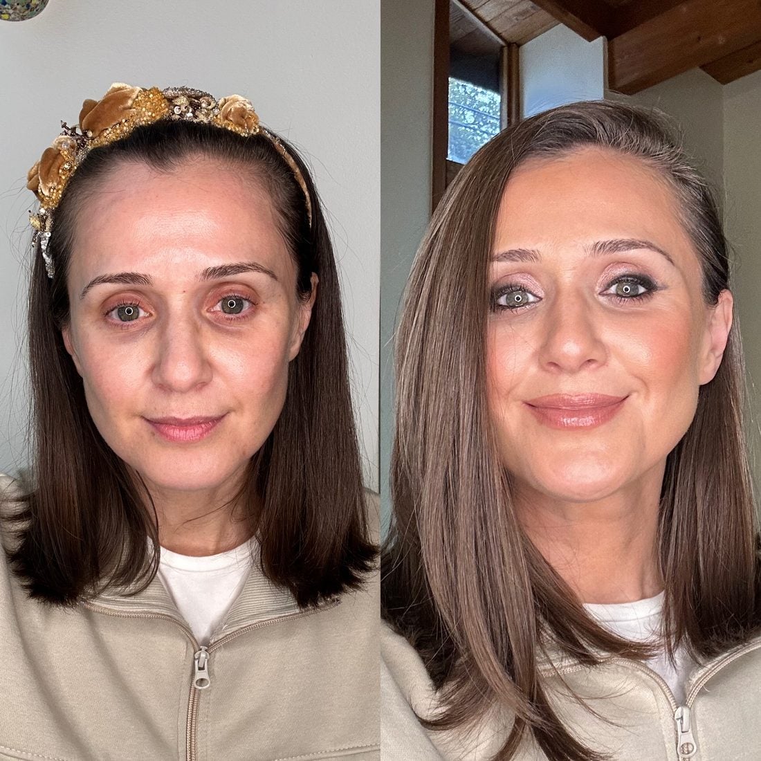 over-40-live-c-hero Woman with long dark hair, bare-faced on the left and with soft, defined makeup on the right